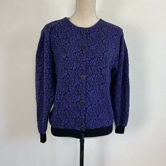 Vintage Womens Purple & Black Floral Mohair Button Front Cardigan Sweater Medium - Picture 1 of 9